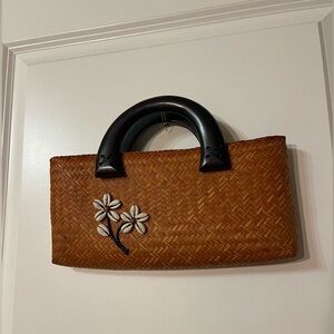 Brown Woven Handbag with Black Handles